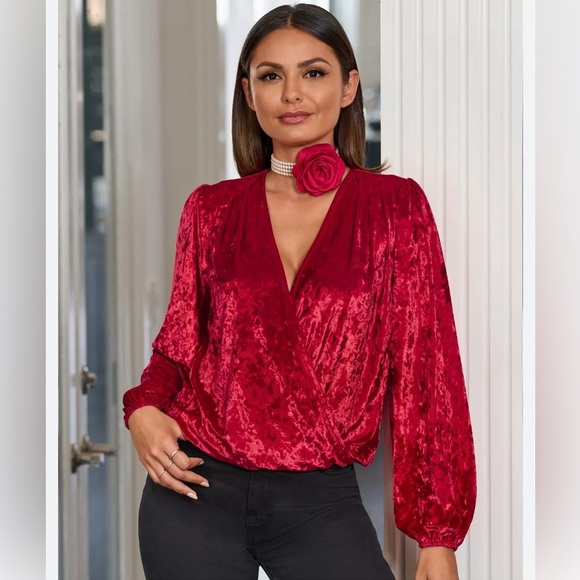 BOSTON PROPER Red Velvet Surplice Knit Top XL - Picture 1 of 8
